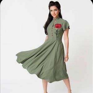 1950s style Olive dress with Red embroidered Rose